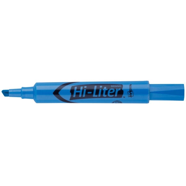 A blue Avery Hi-Liter pen with the word Hi-Liter on it.