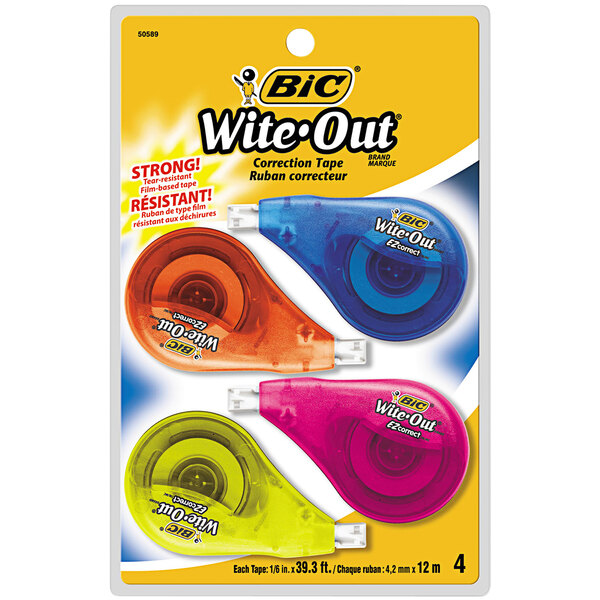 Bic Wite-Out tape dispenser with 3 white Bic Wite-Out tapes.