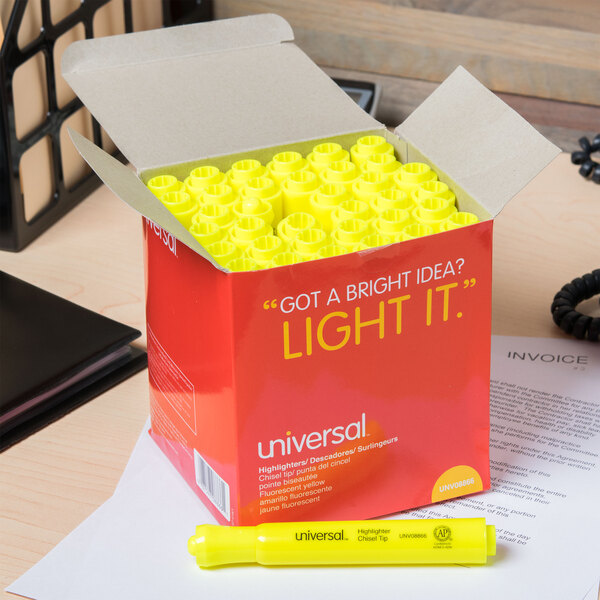 A box of Universal fluorescent yellow desk style highlighters.