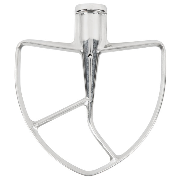 A silver KitchenAid commercial stand mixer flat beater.