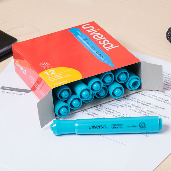 A box of Universal fluorescent blue chisel tip highlighters.