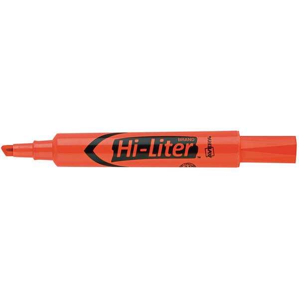 An Avery Hi-Liter fluorescent orange marker with the word Hi-Liter on it.