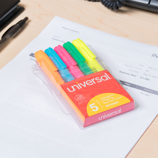 A package of Universal chisel tip pocket highlighters in assorted fluorescent colors on a paper.