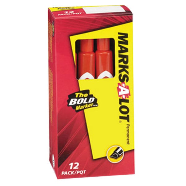 A package of twelve Avery Marks-A-Lot red desk style permanent markers.