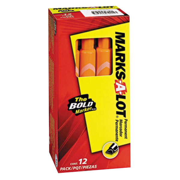 A yellow box of Avery Marks-A-Lot orange chisel tip permanent markers.