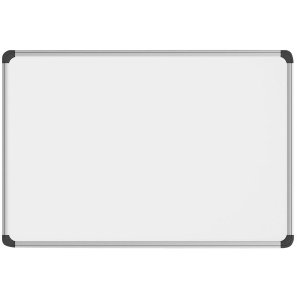 A white Universal magnetic steel dry erase board with a white background and a black aluminum frame.