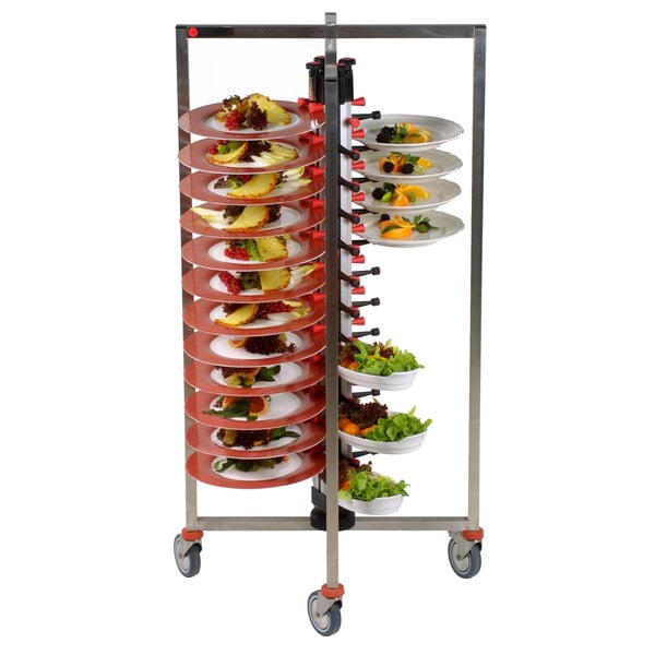 A Plate Mate PM48-155 rack holding stacked plates of food.