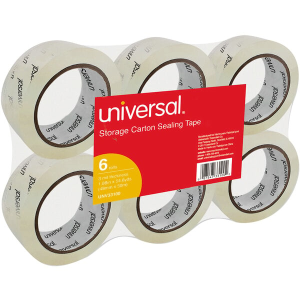A pack of 6 Universal clear heavy-duty box sealing tape rolls.