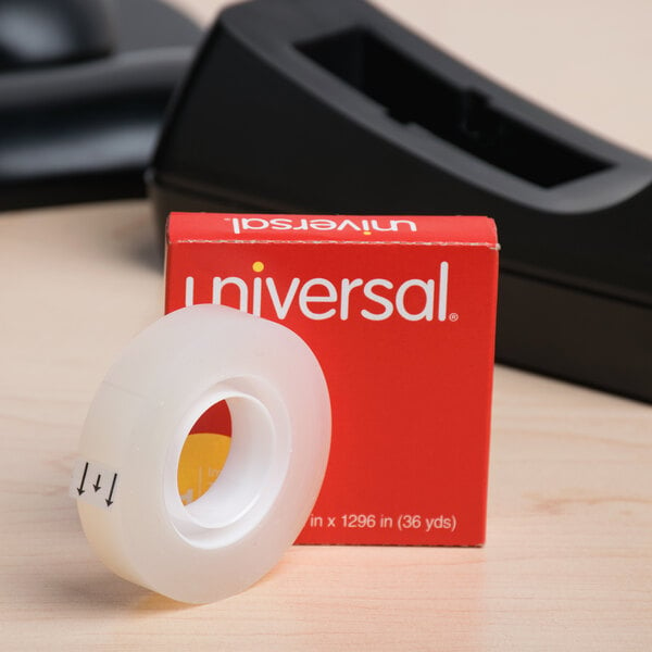A roll of Universal clear write-on tape next to a red box.