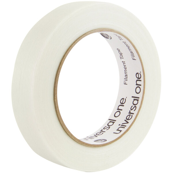 A roll of Universal clear filament tape with a label.