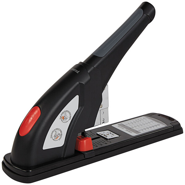 A black Universal heavy-duty stapler with a red handle.