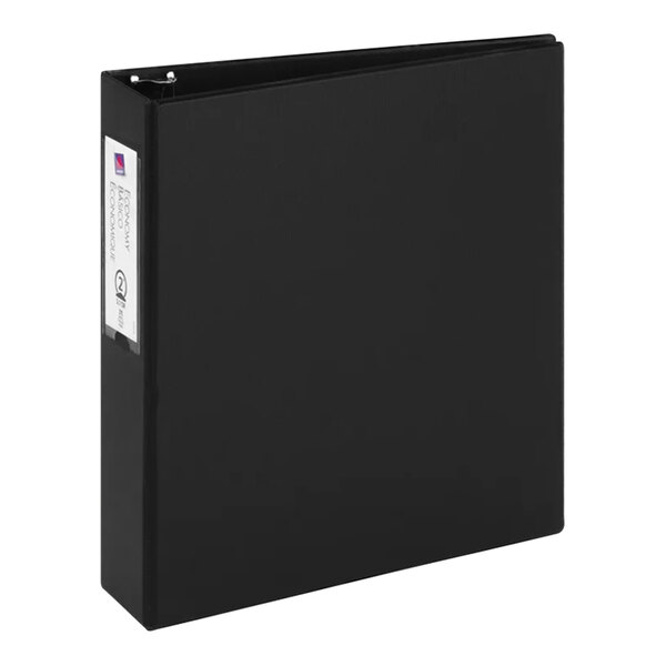 A black Avery Economy binder with a white spine label holder.