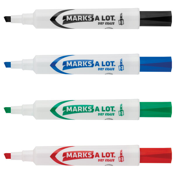 A package of four Avery Marks-A-Lot chisel tip dry erase markers in different colors on a table.