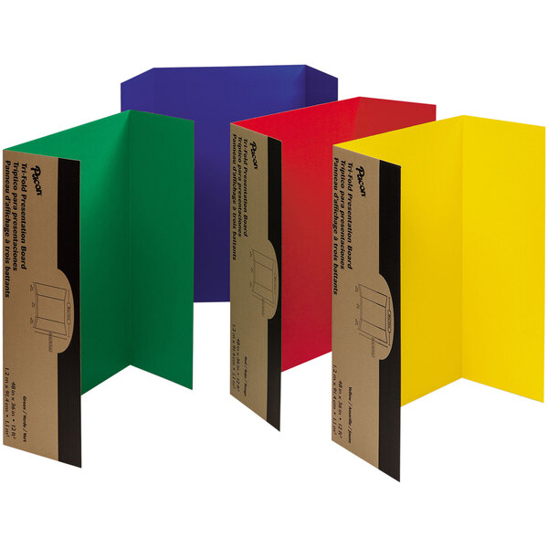 A box of four Pacon tri-fold display boards in assorted colors with black text on a green box.