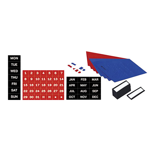 A MasterVision white planning board with a 1" x 2" grid and red and blue cards.