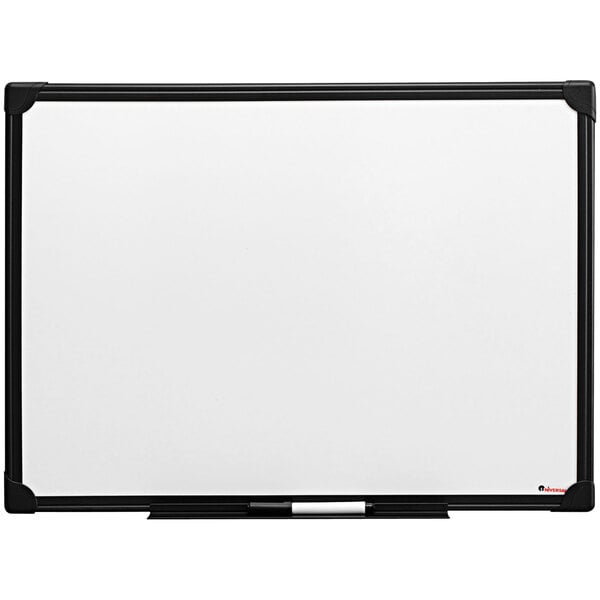 A Universal white melamine dry erase board with a black frame.