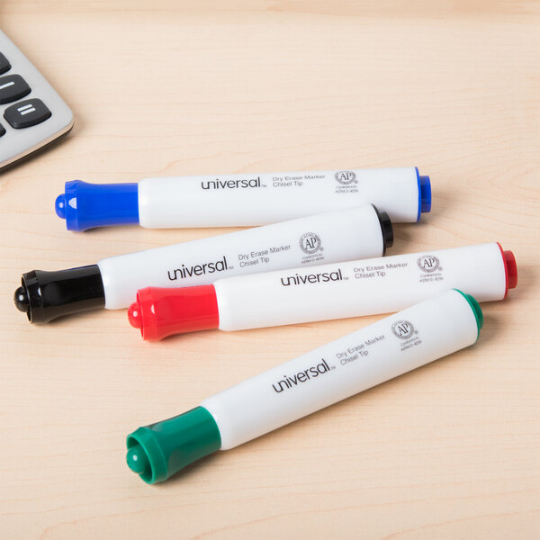 A close up of a white and red Universal desk style dry erase marker.