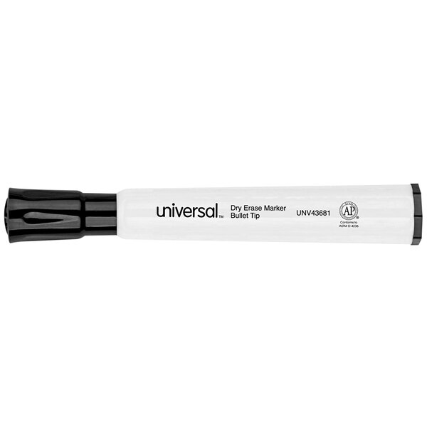 A white Universal black bullet tip dry erase marker with a black cap.
