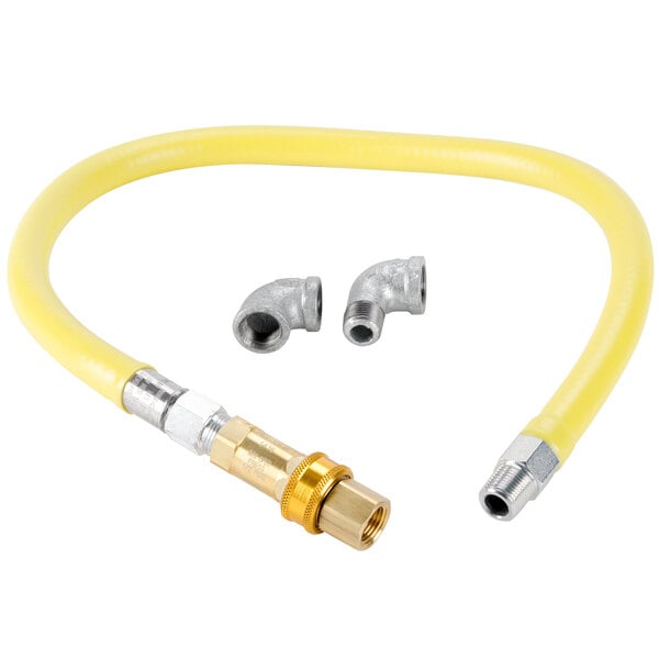 A yellow hose with a couple of metal fittings.