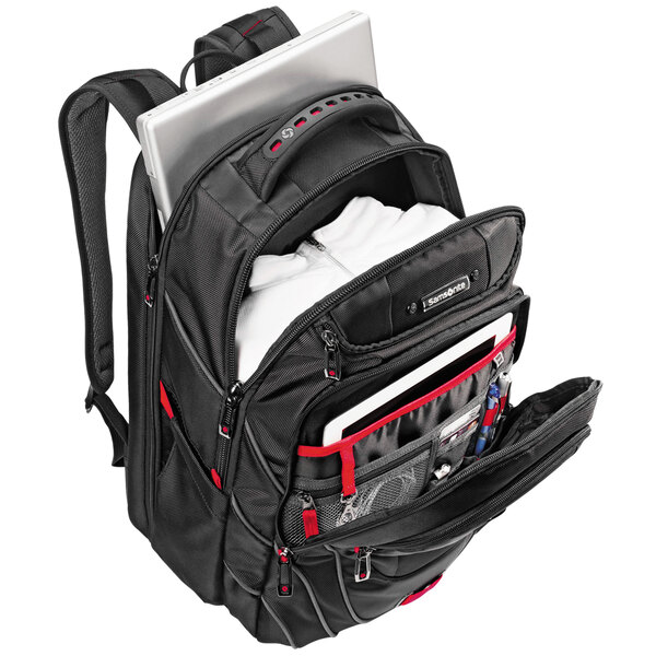 A black Samsonite Tectonic Perfect Fit laptop backpack with a laptop inside.