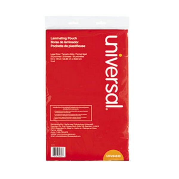 A red package of Universal clear laminating pouches with white text.
