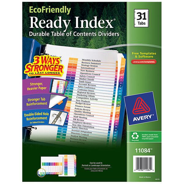 A box of Avery multicolored table of contents dividers.