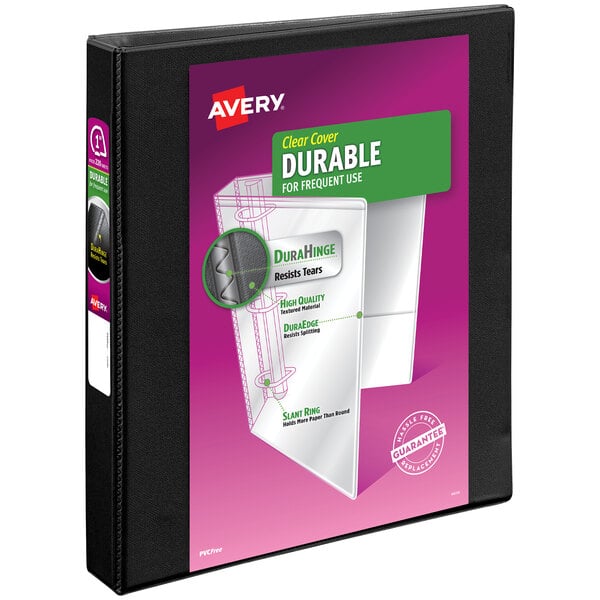 An Avery black durable binder with a white and green label.
