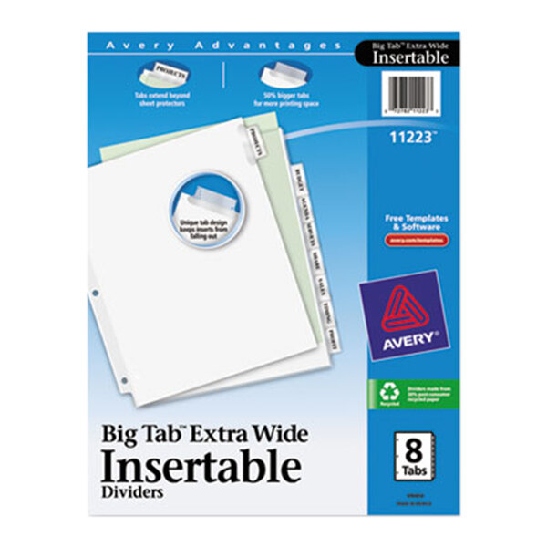 A blue and white box of Avery Big Tab extra wide clear insertable tab dividers with white tabs.