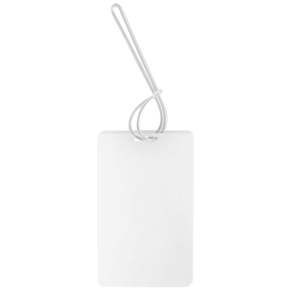 A white rectangular luggage tag with a clear plastic loop.