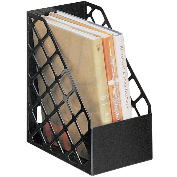 A black Universal large plastic file holder with several books in it.