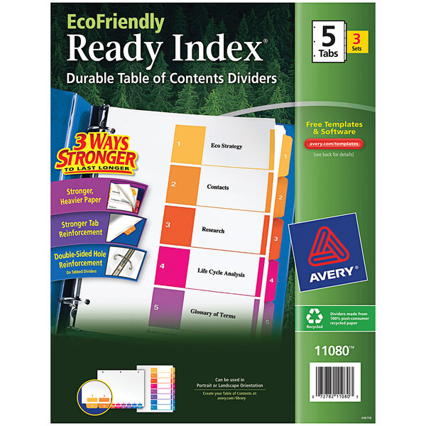 A package of Avery EcoFriendly Ready Index Dividers with a blue square and red triangle logo.