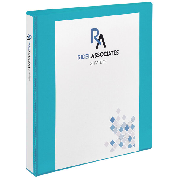 An aqua blue and white Avery Durable View binder with 1 inch slant rings and the words "RD Associates" on it.