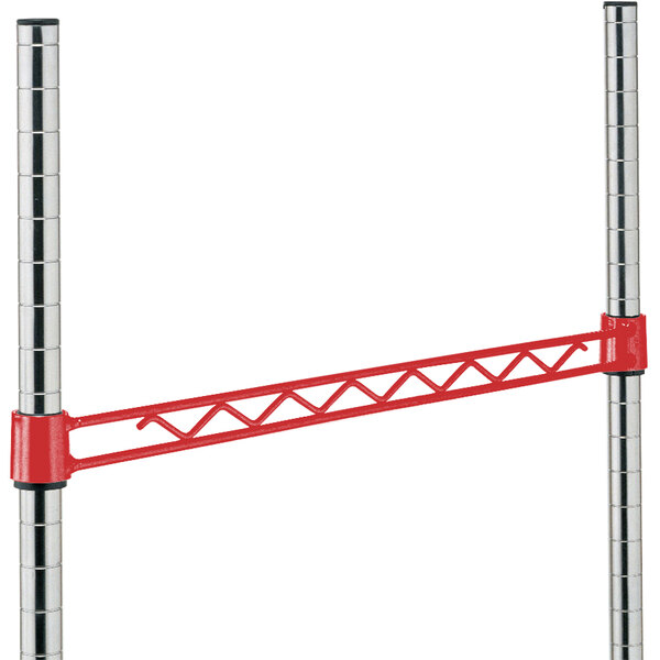 A red metal Metro hanger rail with black metal bars.
