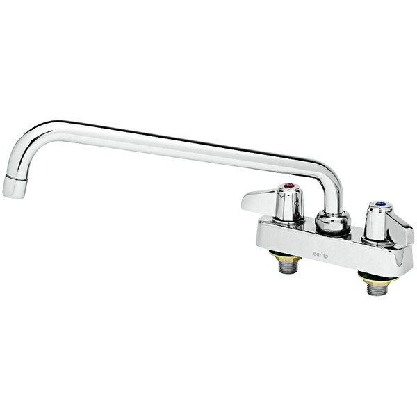 A silver Equip by T&S deck-mounted faucet with two handles and a 10 1/8" swing nozzle.