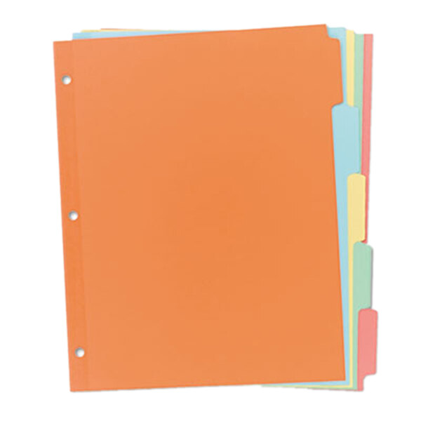 A stack of Avery Write-On paper dividers with multi-color tabs.