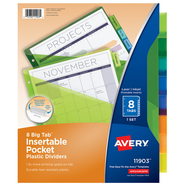 A package of Avery plastic dividers with multi-color tabs. The package has a blue and green cover with a blue and white label.