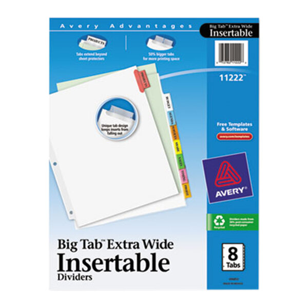 A blue package of Avery Big Tab Extra Wide insertable dividers with white tabs and a blue square with red triangle logo.