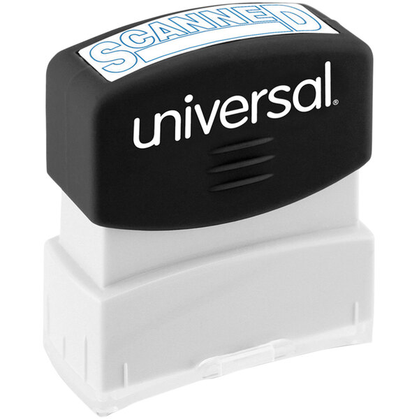A blue rectangular Universal pre-inked stamp with white text.