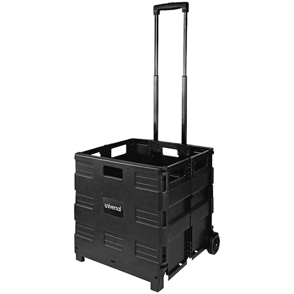 A black collapsible mobile storage crate with wheels and handles.