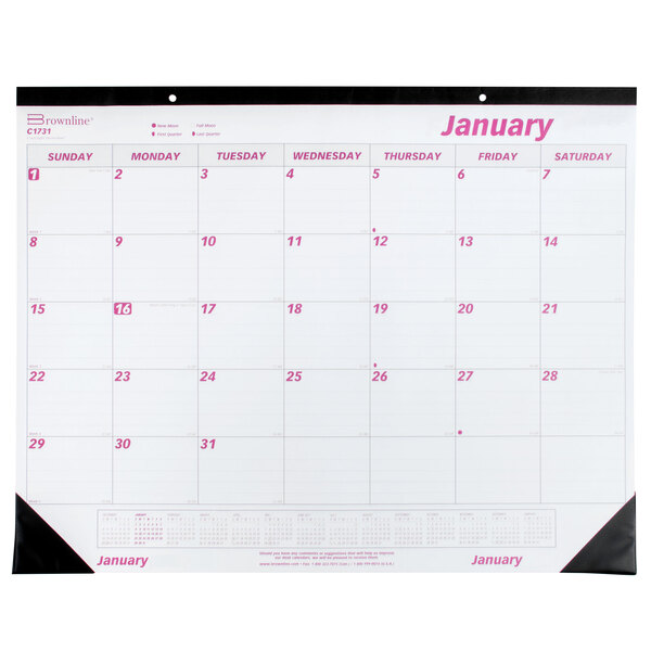 A Rediform Brownline desk pad calendar with a white background and black border with pink numbers.