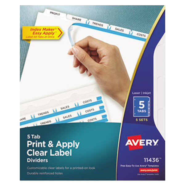 A package of Avery Index Maker white divider tabs with clear labels.