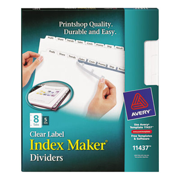 A package of Avery Index Maker 8-tab white dividers with a blue and red Avery logo on the box.