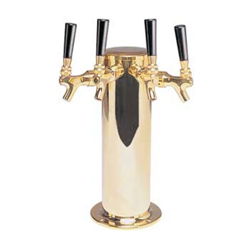 A PVD brass Micro Matic beer tap tower with four black handles.