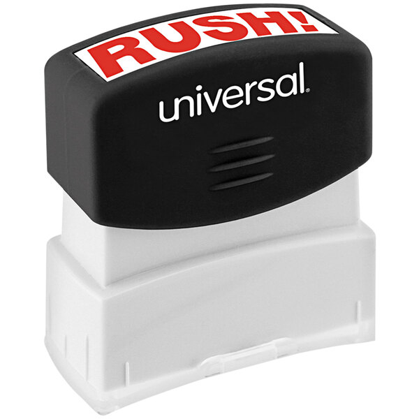 A red Universal pre-inked stamp with the word "RUSH" in black.