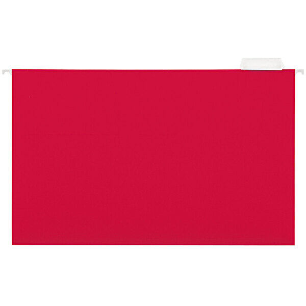 A red rectangular UNV14218 legal size hanging file folder with a white border.