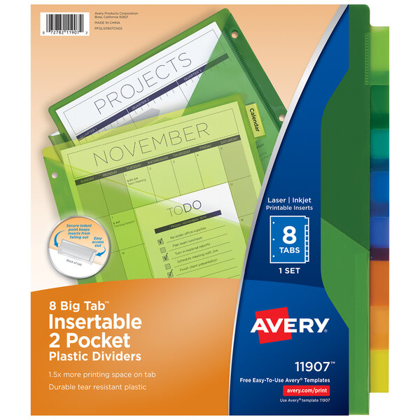 A package of Avery plastic insertable dividers with blue and green labels on a plastic binder with colorful tabs.