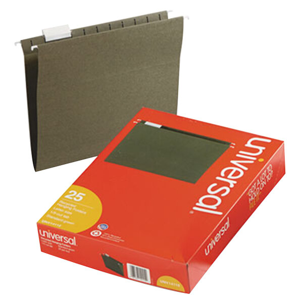 A red box of UNV14115 letter size hanging file folders with a brown tab and white label.