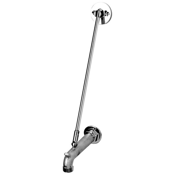 A chrome plated metal faucet with a long spout.