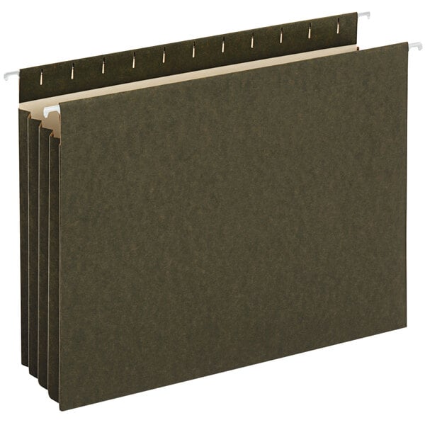 A brown UNV14160 box bottom hanging file folder with white tabs and three holes.