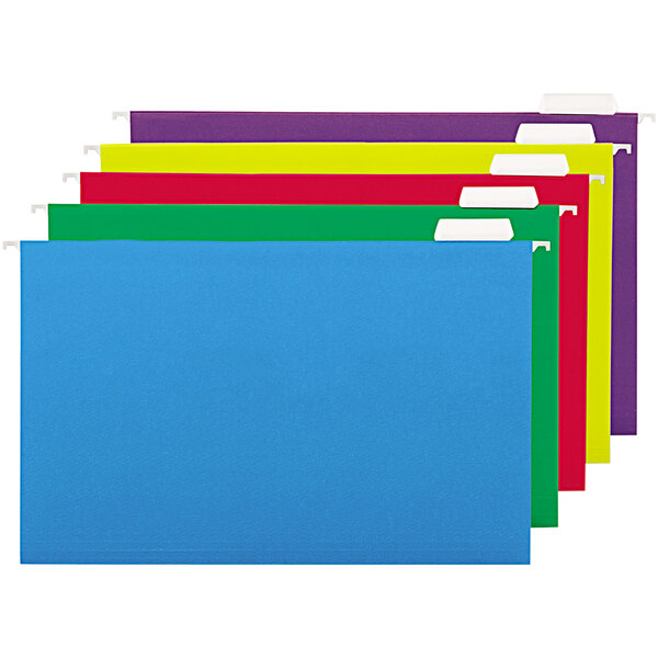 A group of colorful UNV14221 legal size hanging file folders.